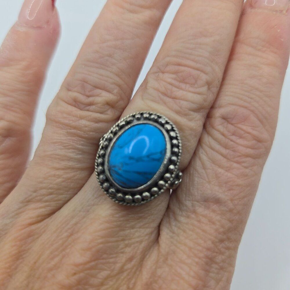 Vintage HAN 925 Sterling Silver Real Cabochon Turquoise Beaded Ring Size 6